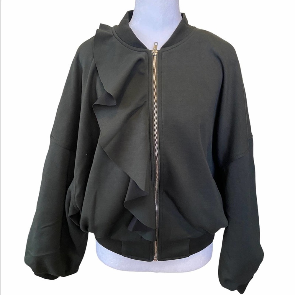 Excellent Condition Few Moda Ruffle Black Bomber Jacket - Size Small - Picture 5 of 13